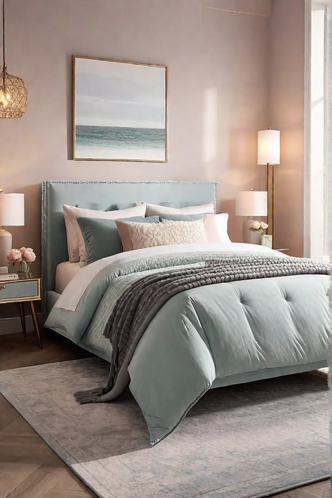 Pastelcolored bedroom sanctuary with a plush bed and reading corner