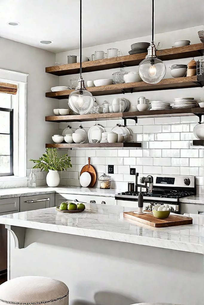 Pendant lights above a kitchen island with quartz countertops