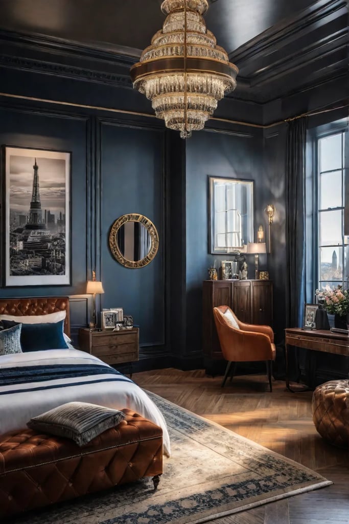 Personalized small bedroom with travel mementos