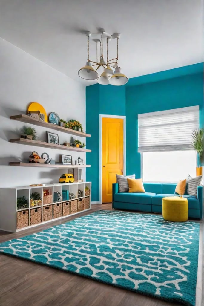 Playful living room with interactive decor and a designated play area