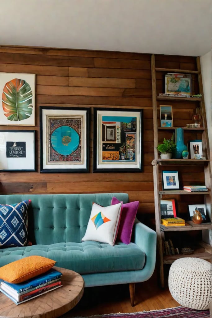 Repurposed bookshelf and colorful throw pillows