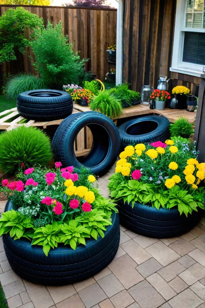Repurposed items as planters in a DIY backyard