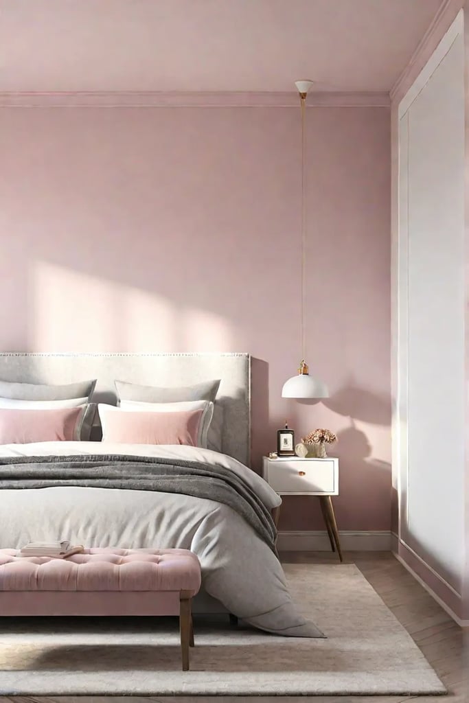 Romantic minimalist bedroom with pink walls