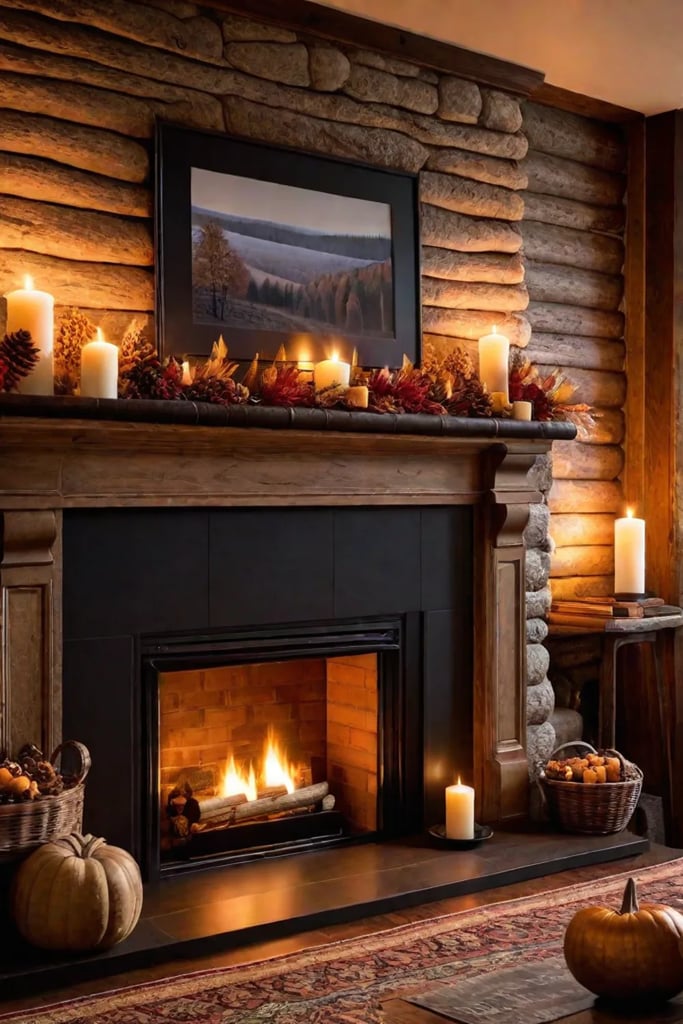 Rustic fireplace with autumn decor