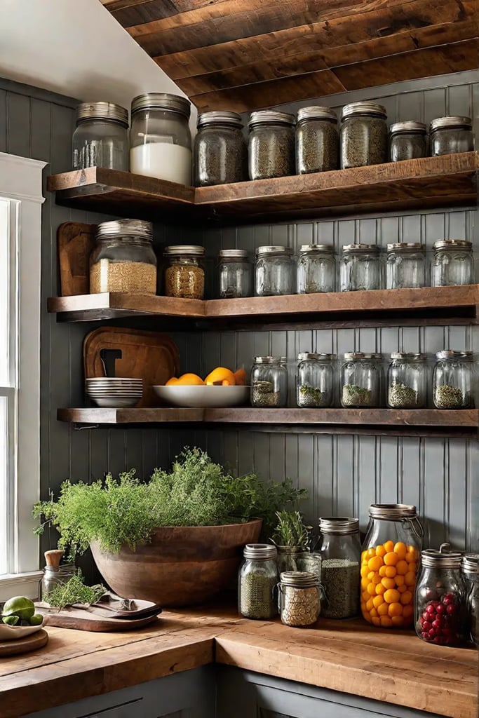 Rustic kitchen detail with mason jars and fresh fruit