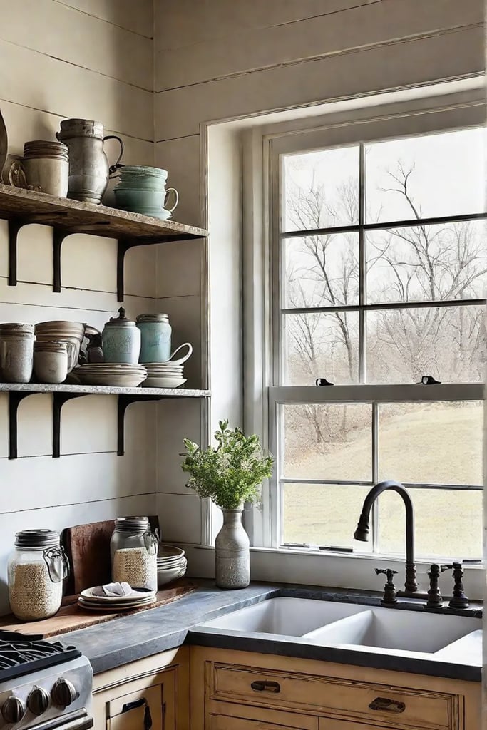 Rustic kitchen with weathered metal lighting