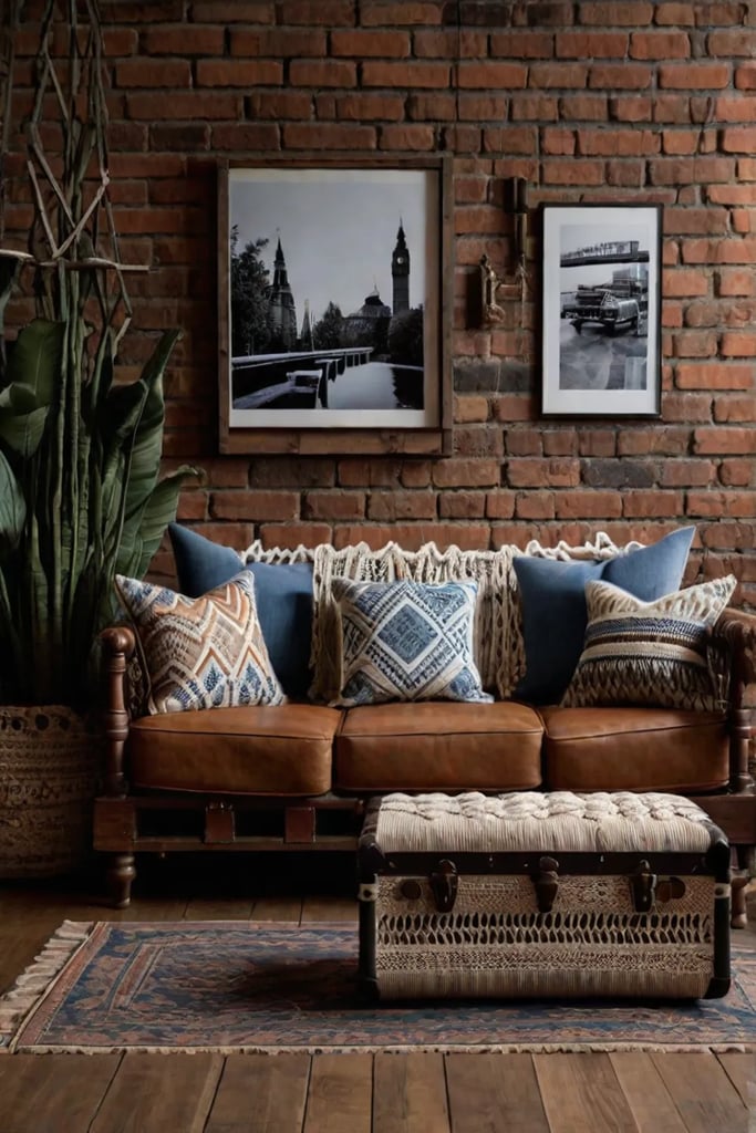 Rustic living room with DIY macrame and vintage trunk