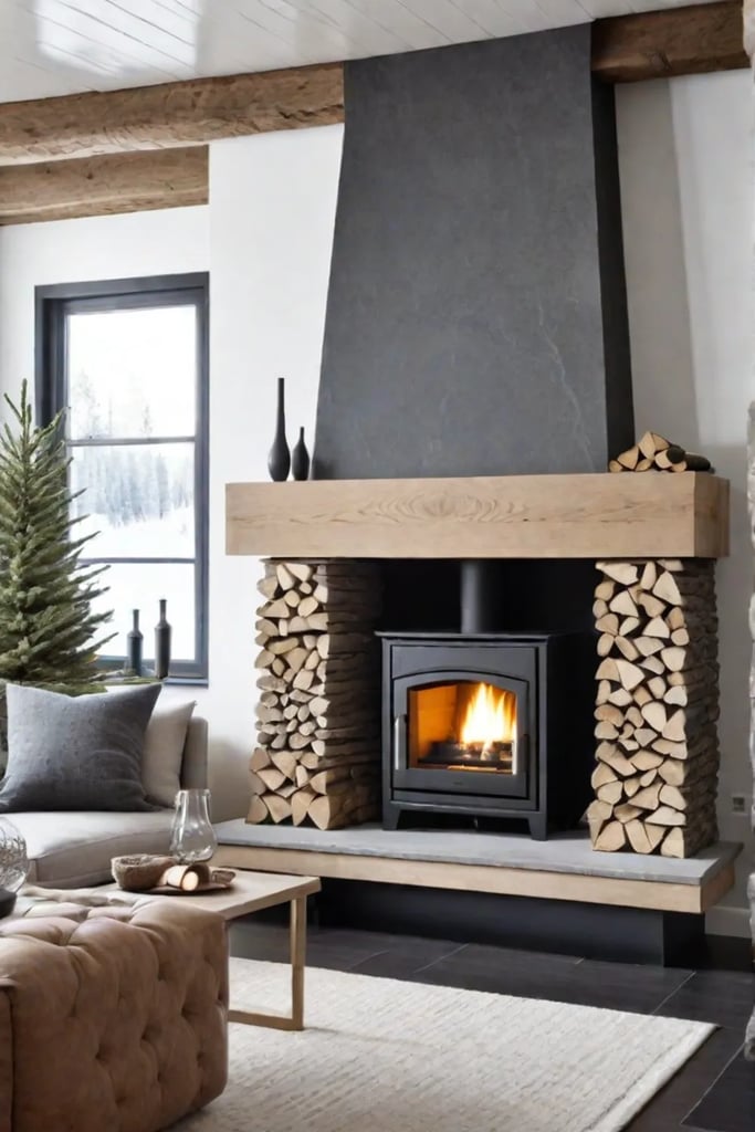 Scandinavian living room with woodburning fireplace