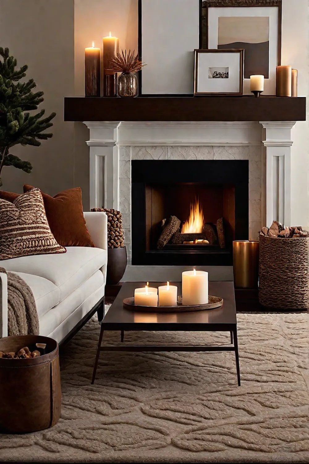 Sensory experience in a living room with fireplace scents and textured fabrics