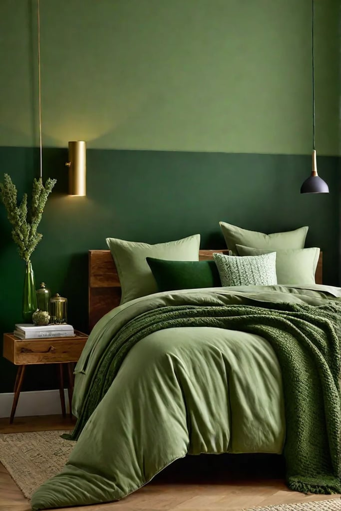 Serene bedroom with varying shades of green