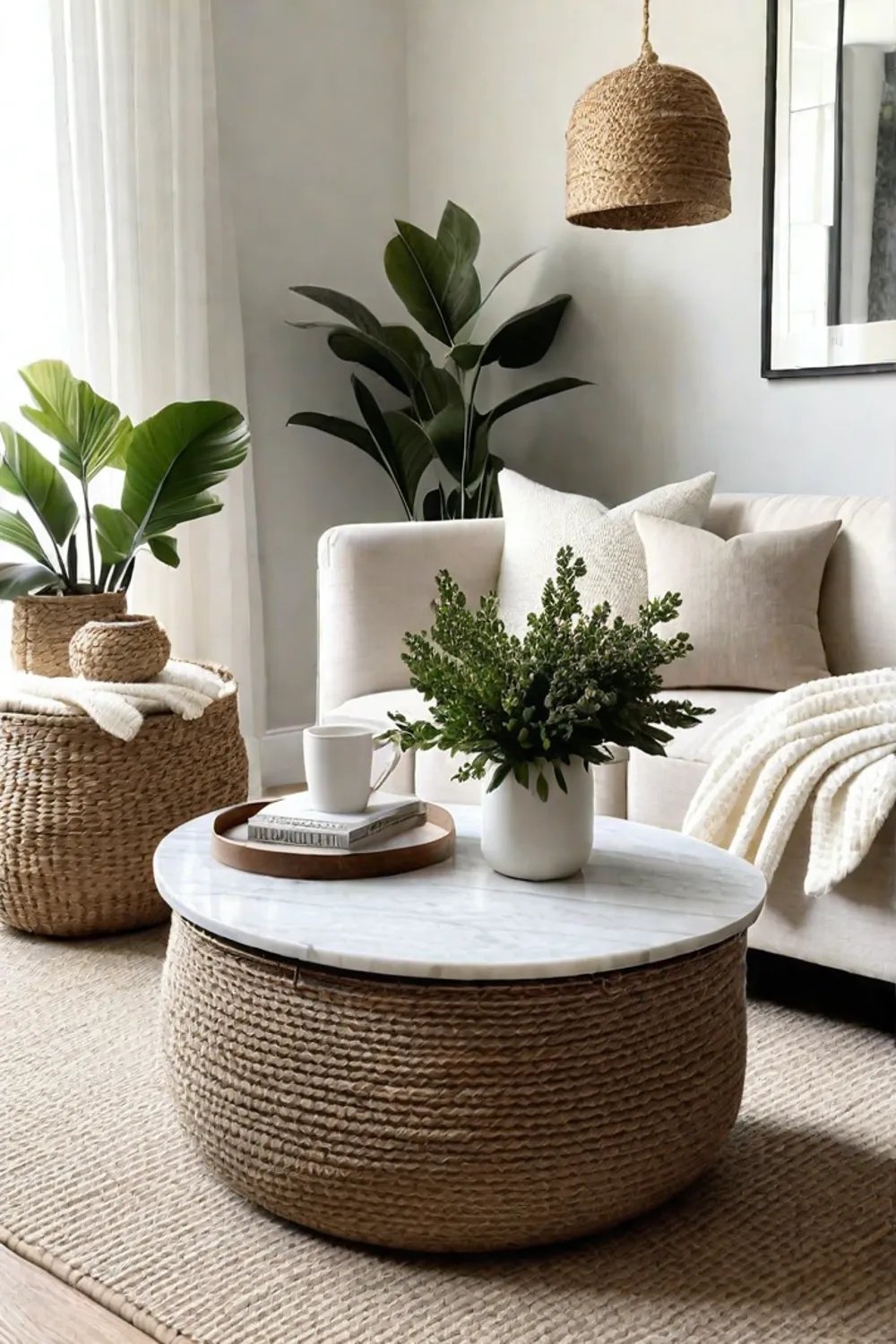Serene living room with chenille knit and marble textures in neutral tones
