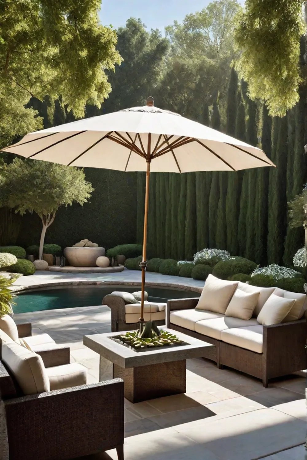 Serene outdoor space with water feature and umbrella