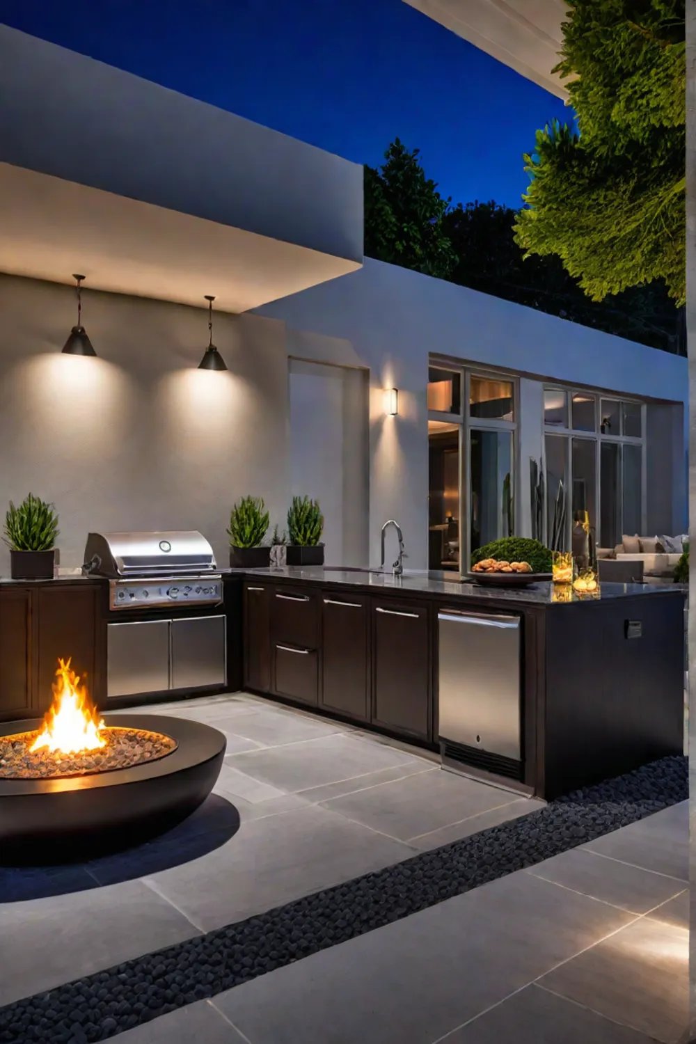 Sleek patio with fire pit and outdoor kitchen