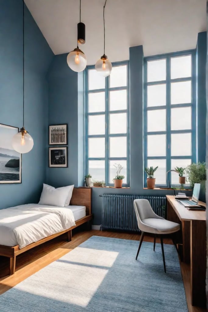 Small bedroom design with a focus on maximizing functionality and natural light