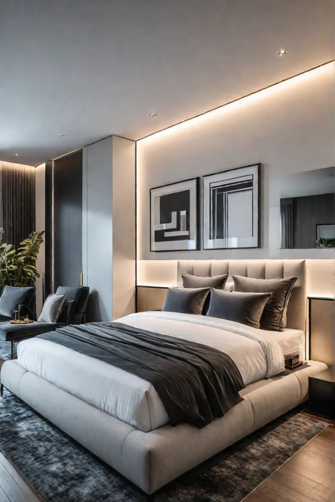 Small bedroom with statement pendant light and recessed lighting