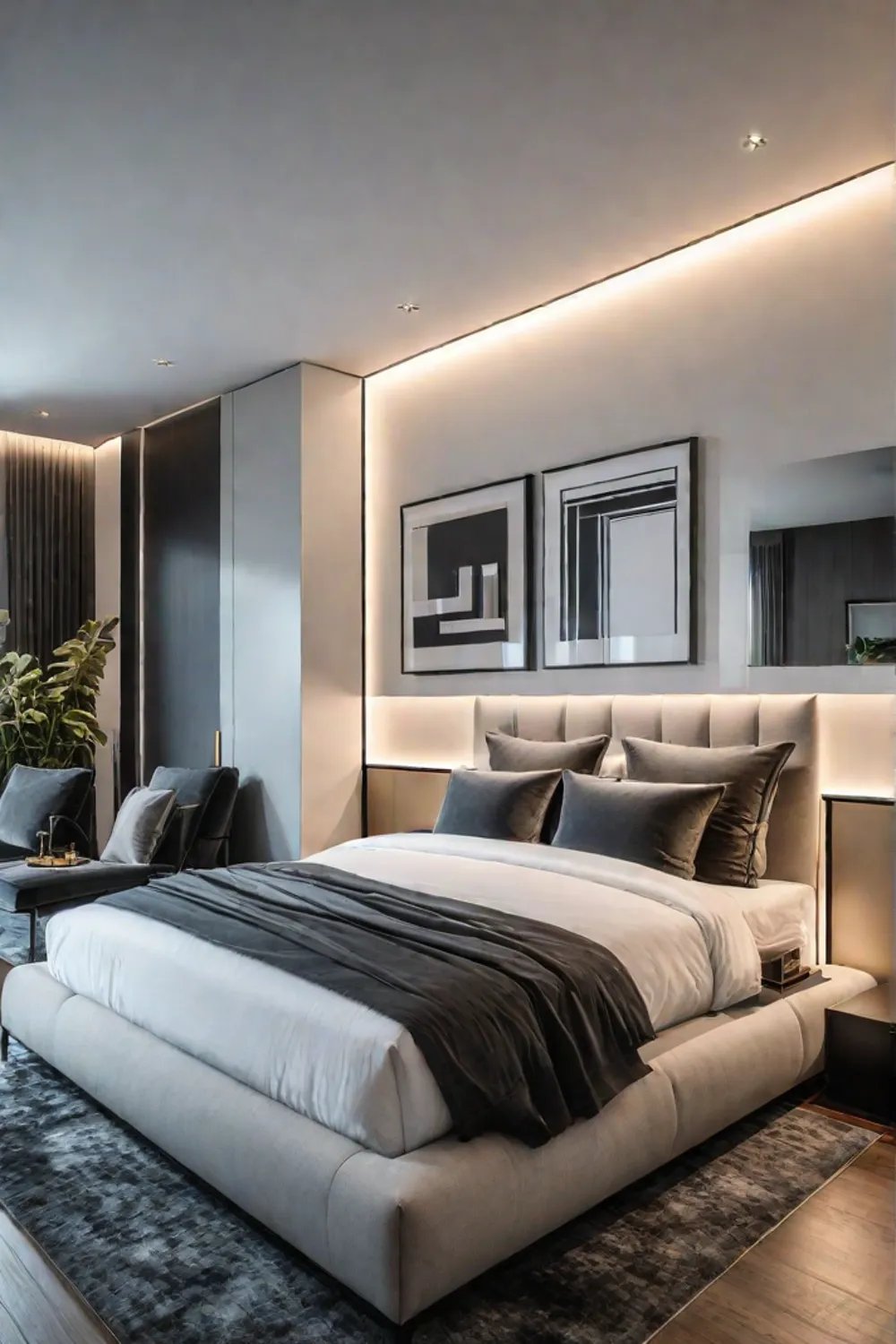 Small bedroom with statement pendant light and recessed lighting