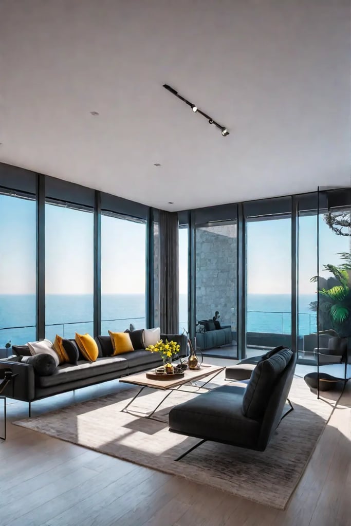 Smart home technology blends with bold decor and artistic elements in a vibrant living room