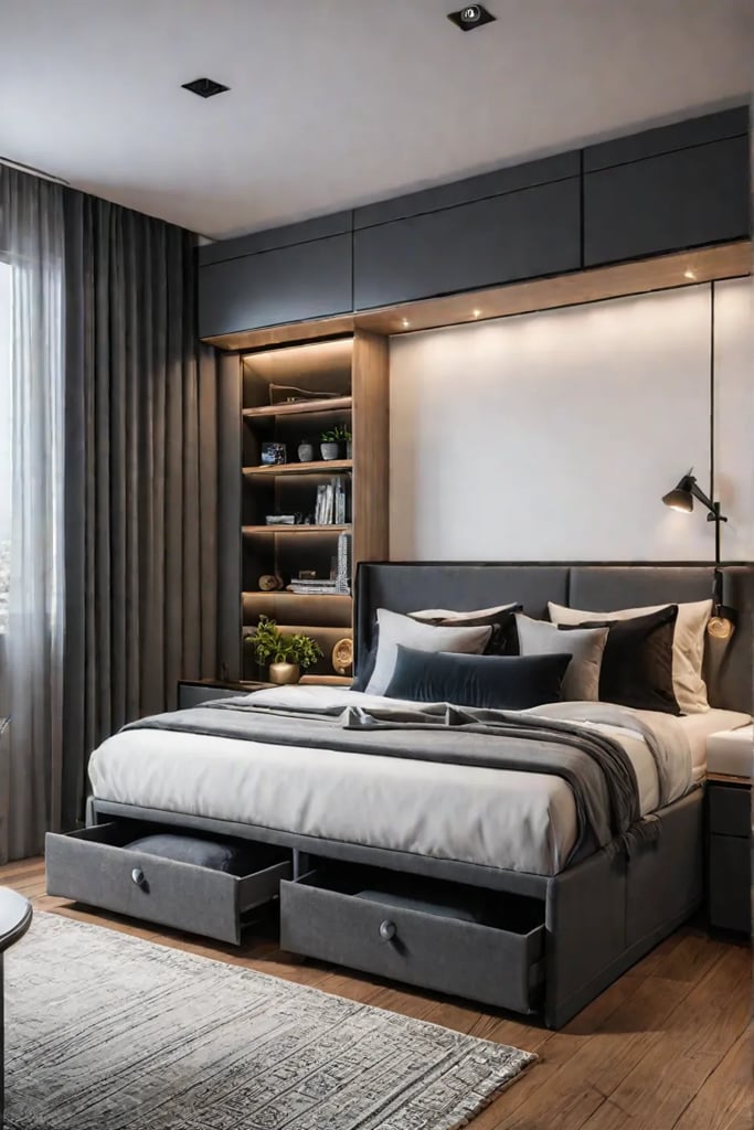 Sofa bed and foldable desk in a compact bedroom