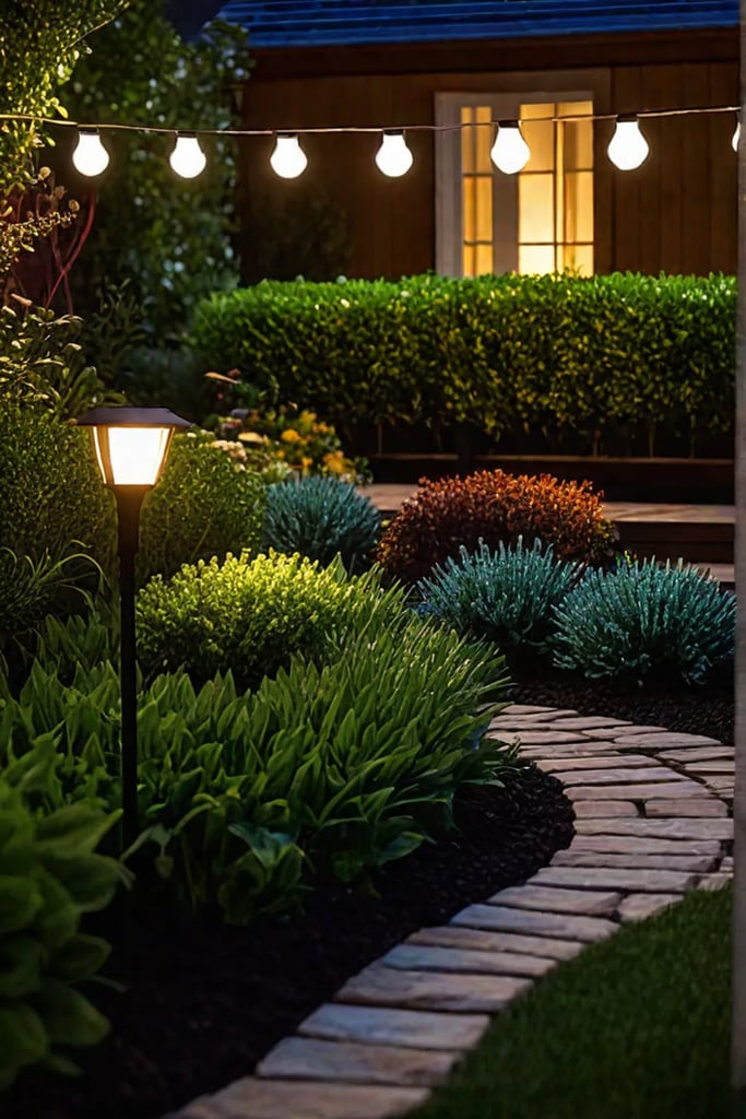 Solar lights illuminating a backyard