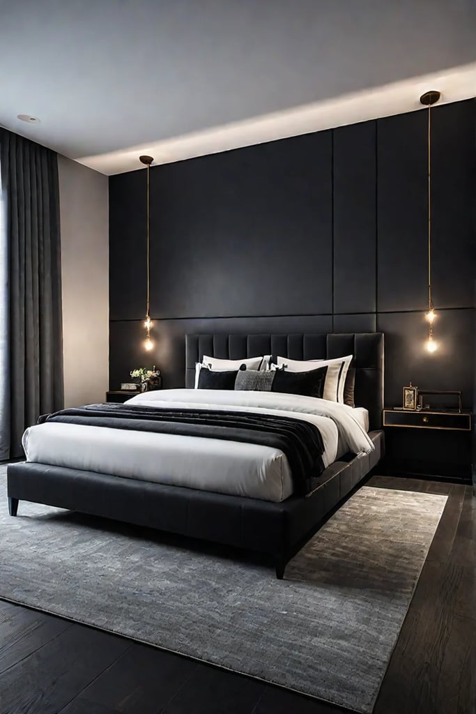 Sophisticated bedroom with black and gray color scheme