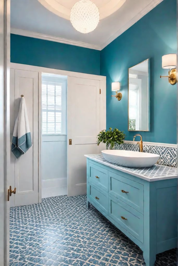 Spacious bathroom with soft lighting and serene atmosphere