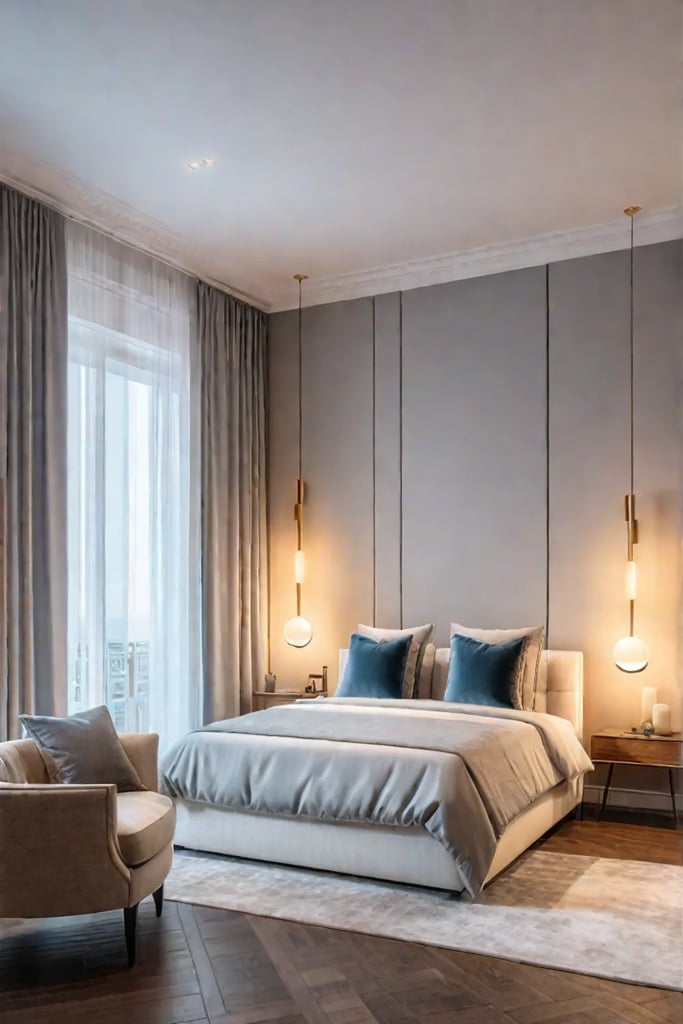 Sunlit small bedroom with sheer curtains and a reading nook