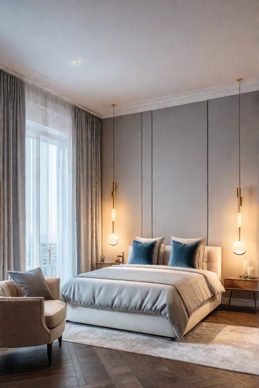 Sunlit small bedroom with sheer curtains and a reading nook