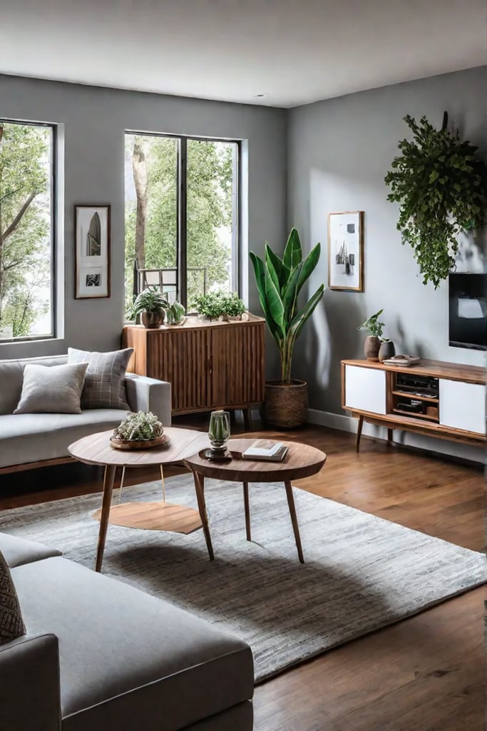 Sustainable living room with ecofriendly materials and energyefficient solutions