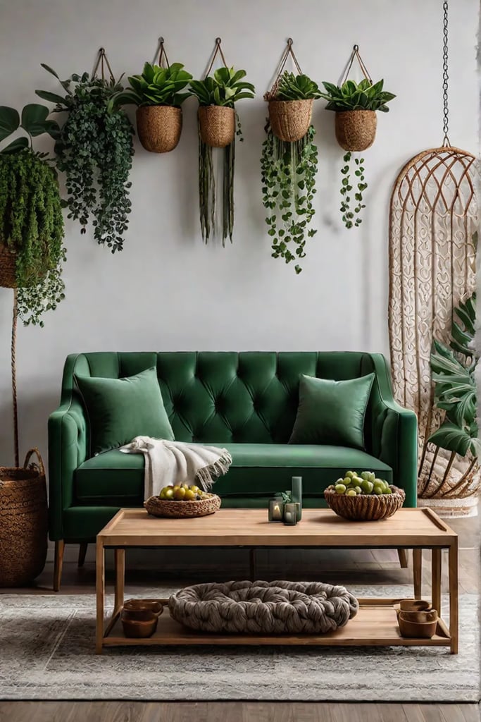 Textured accent wall with macrame and woven baskets in bohemian living room