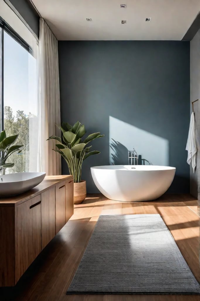 Tranquil bathroom with freestanding tub and floating vanity