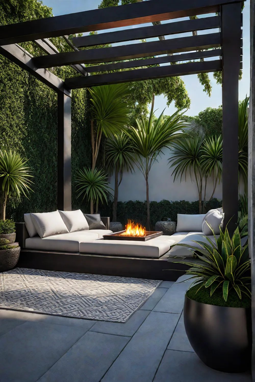 Tropicalthemed outdoor entertaining area with pergola