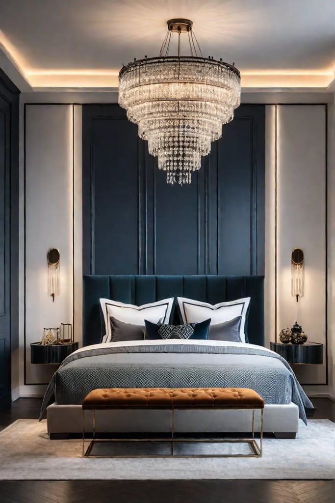 Vertical and horizontal lighting add depth to a small bedroom