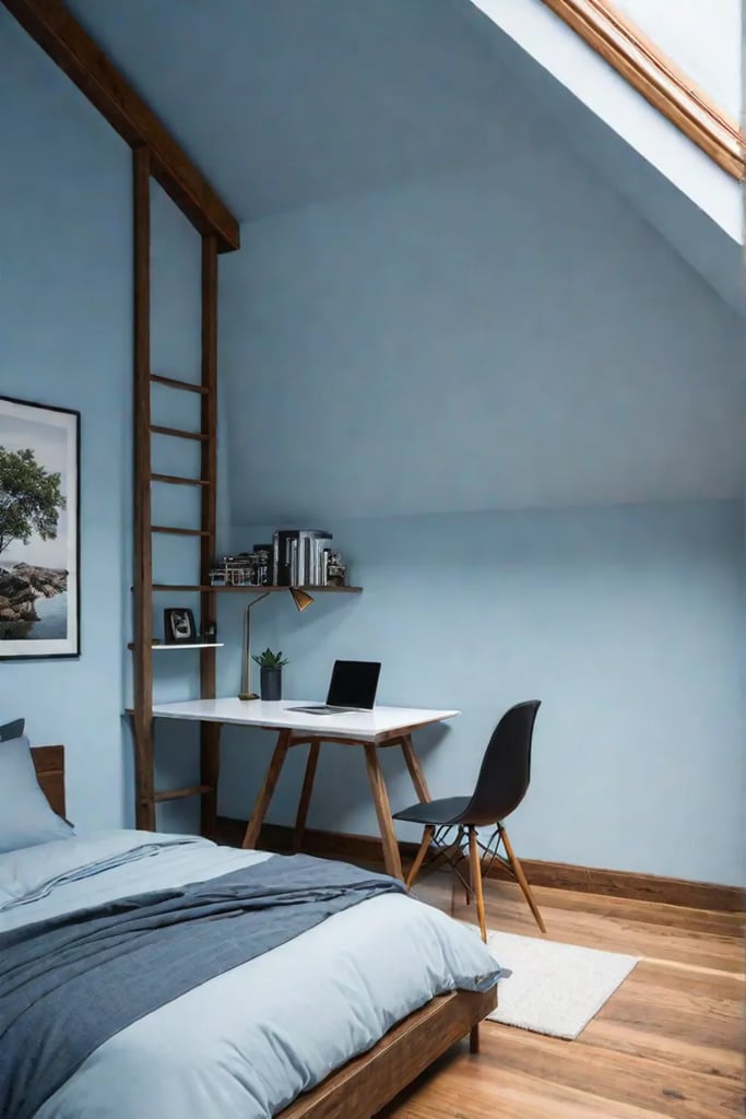 Vertical space utilization in a small bedroom with a loft bed and high ceilings