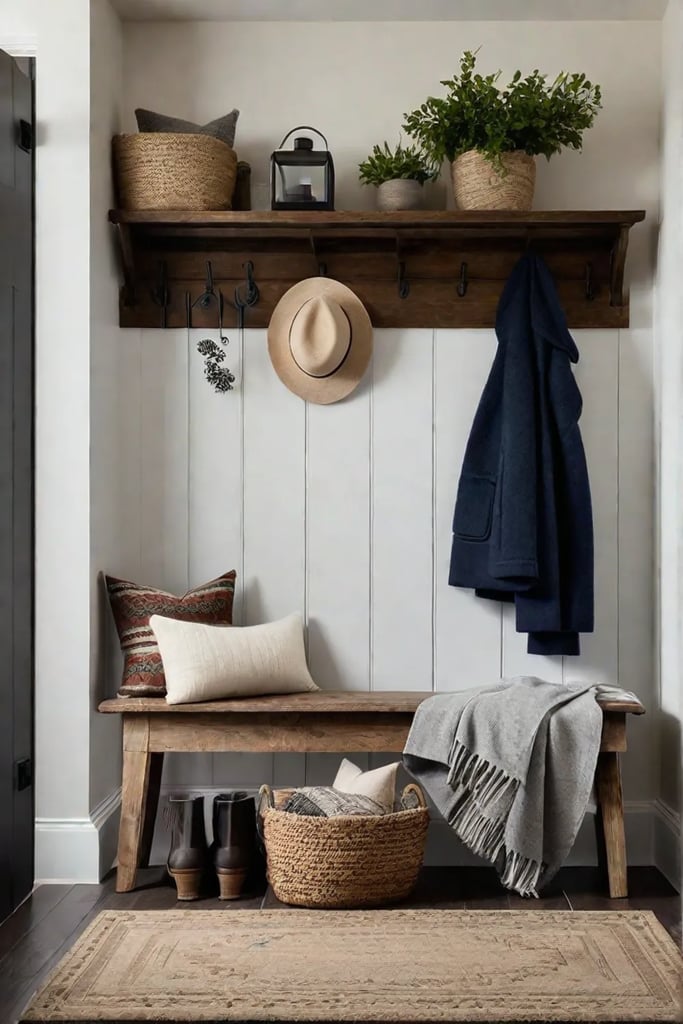 Welcoming entry space with weathered rug and cozy textiles