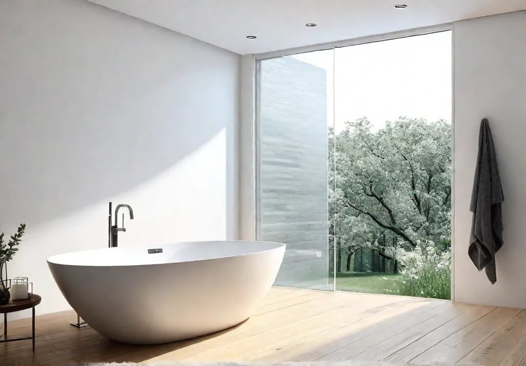 A bright and airy bathroom with white oak flooring and a minimalistfeat