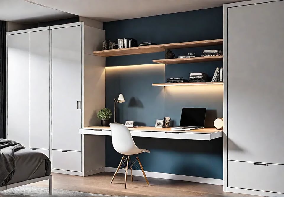 A compact modern bedroom with a Murphy bed folded into a stylishfeat