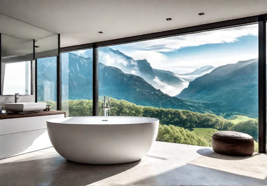 A luxurious modern bathroom with a large freestanding bathtub situated on afeat