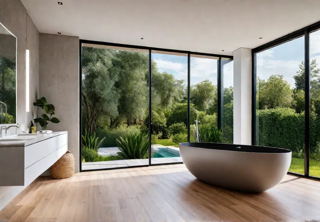 A modern bathroom with a freestanding bathtub large windows overlooking a lushfeat