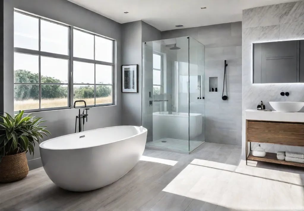 A sundrenched bathroom with bright white walls featuring a freestanding bathtub andfeat