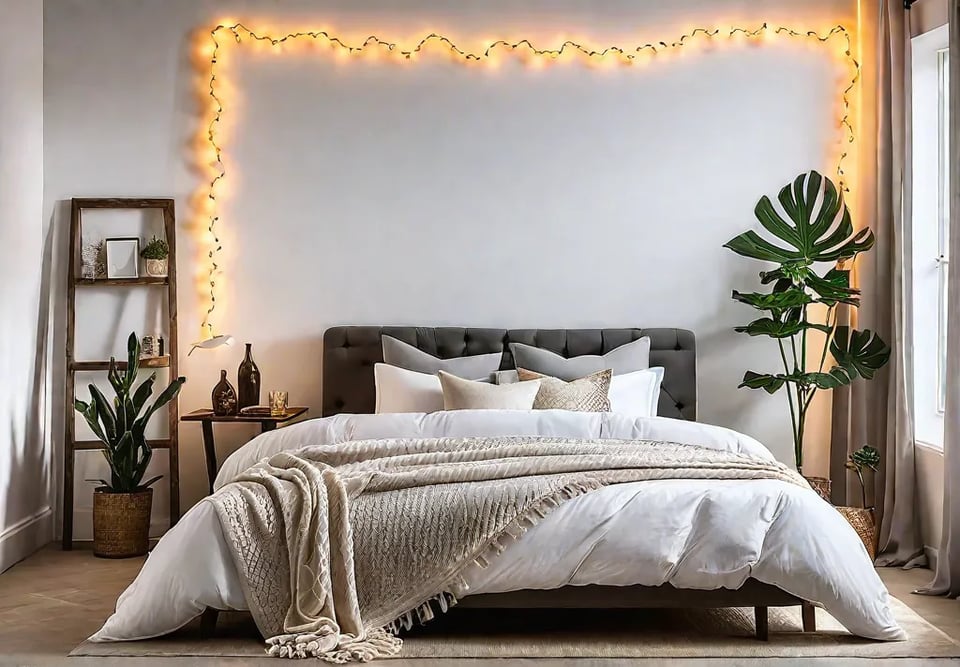 A sundrenched modern bedroom with a DIY headboard crafted from repurposed windowfeat