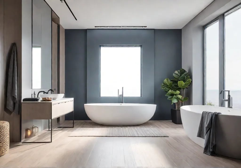 A sundrenched small bathroom with lightcolored flooring and walls creating a brightfeat