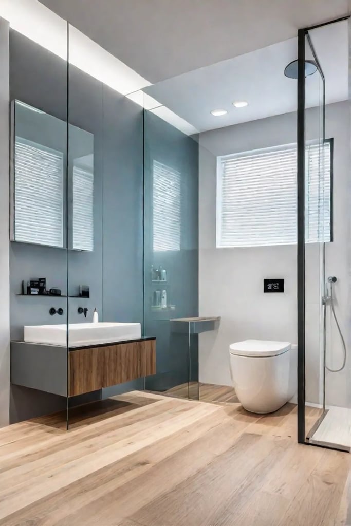 Bright bathroom wood floor minimalist shower