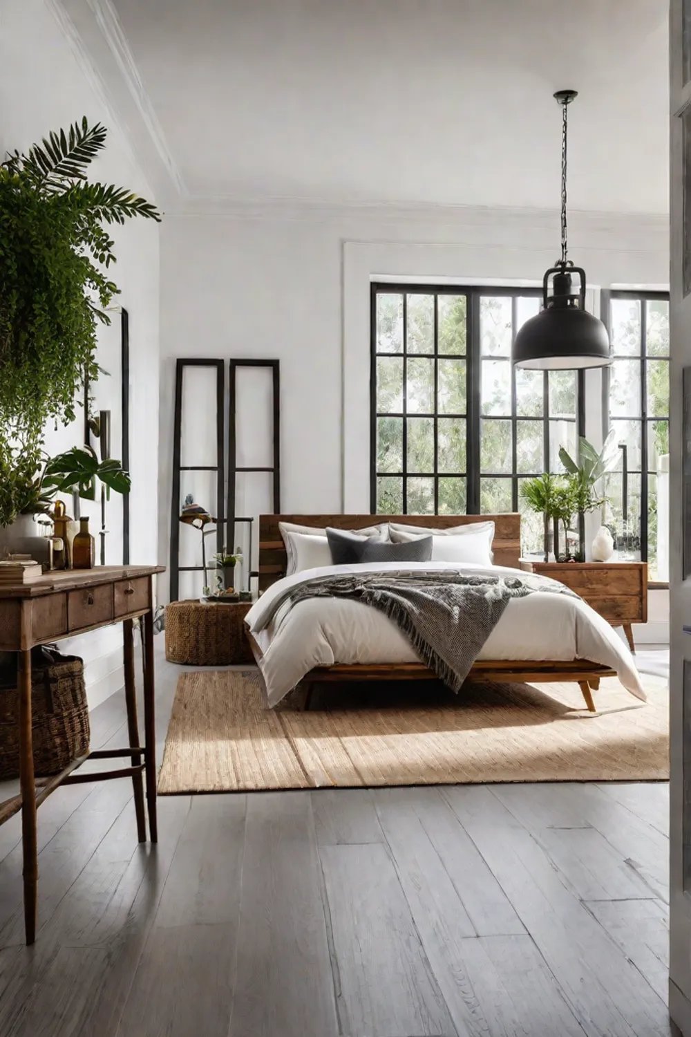 Cozy bedroom with organic bedding and reclaimed wood furniture