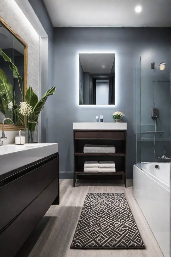 Cozy small bathroom with strategically placed rug