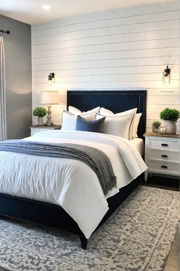 DIY shiplap headboard in a modern farmhouse bedroom