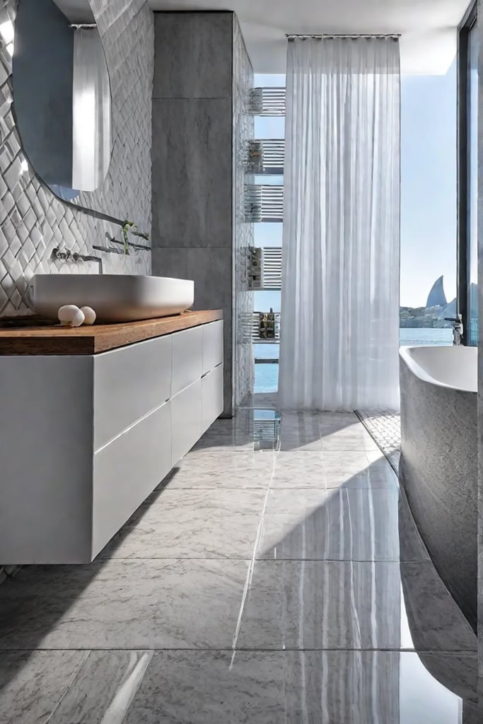 Eclectic bathroom tile and cork flooring visual interest