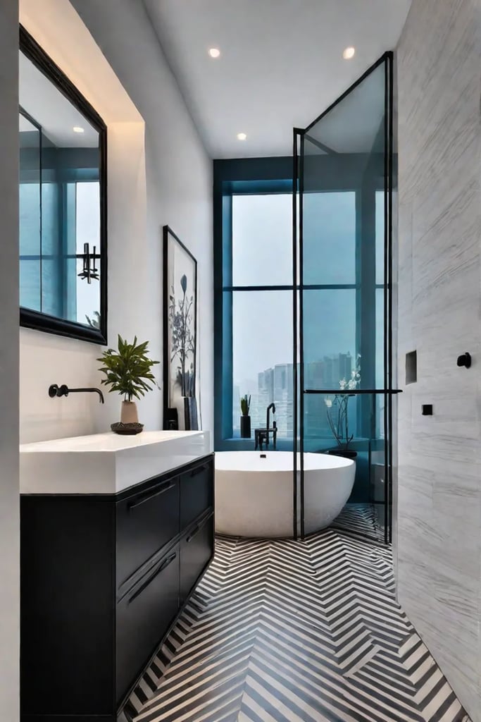 Eclectic small bathroom with bold floor pattern and minimalist fixtures