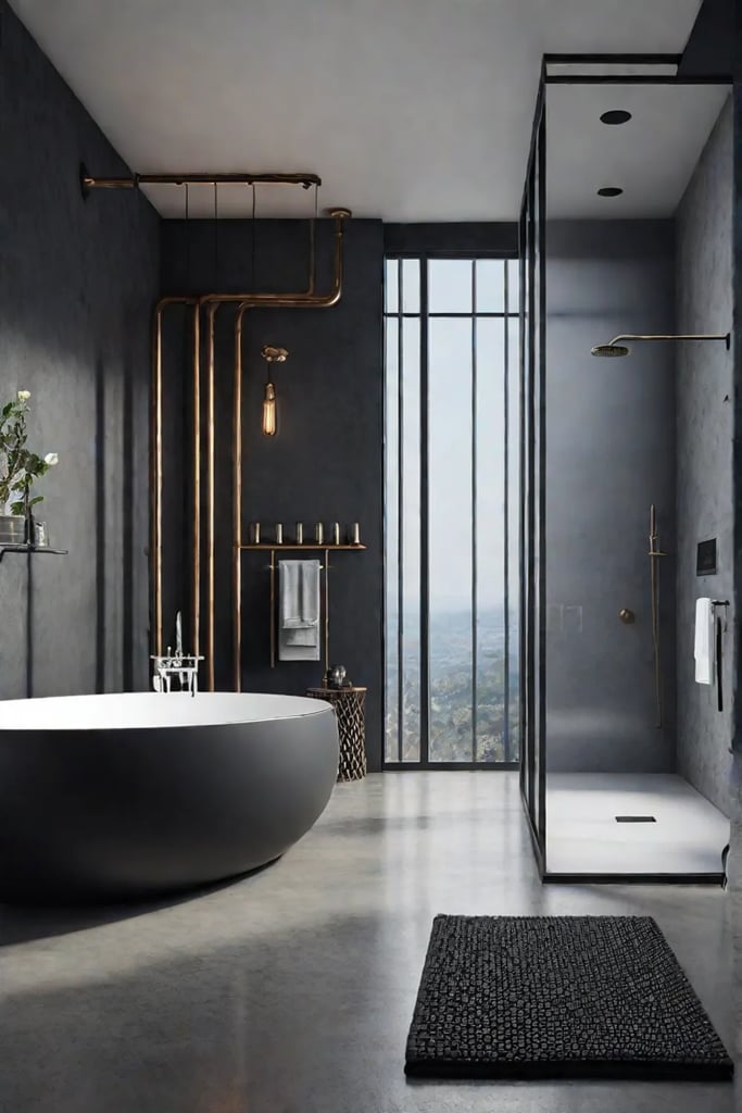 Industrial bathroom with modern concrete flooring