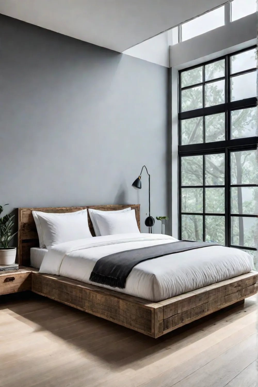 Minimalist bedroom with reclaimed wood furniture and natural light