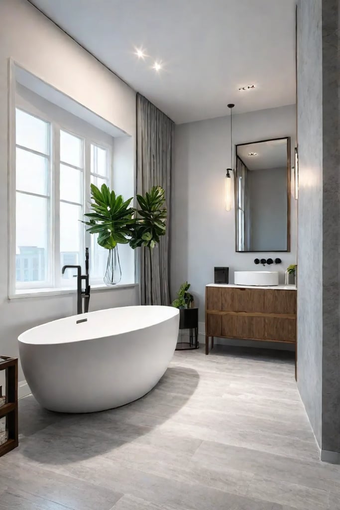 Modern small bathroom with lightcolored vinyl flooring